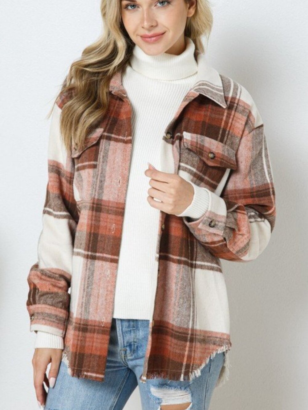 NWOT Women's Plaid Oversized Shacket Rust Brown Cream Frayed Hem Size M